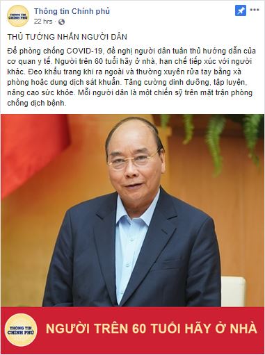 A screenshot capturing the PM's message on the Vietnamese government's verified Facebook account