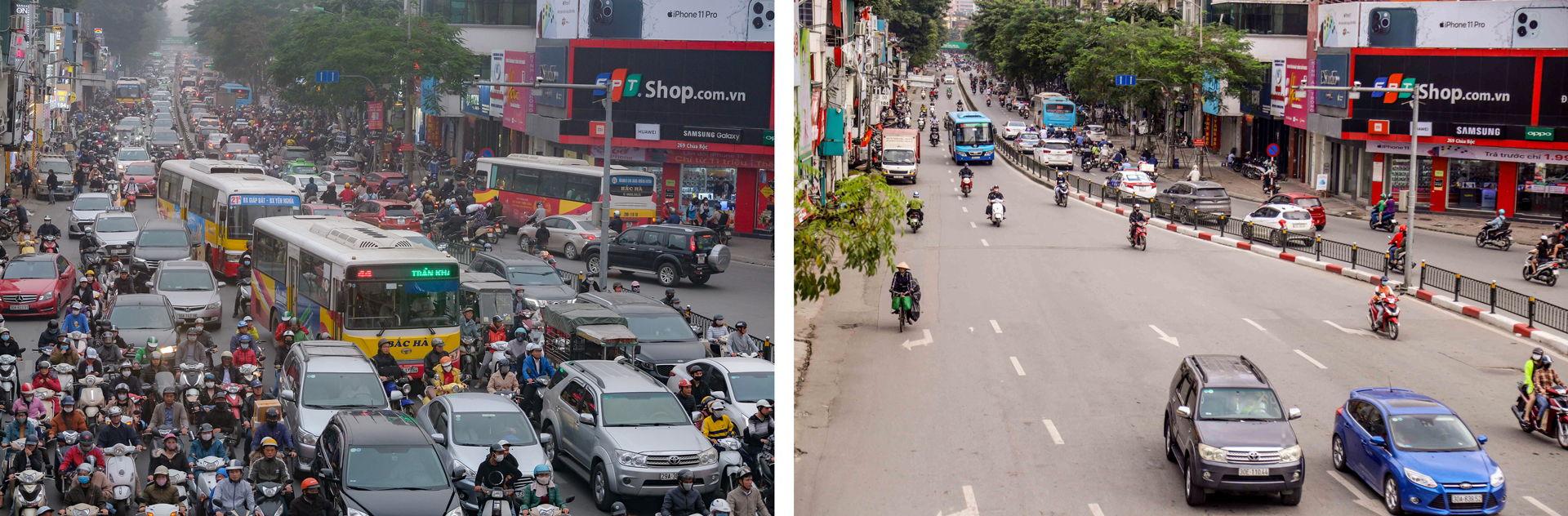 Traffic congestion (left) that was common at Chua Boc-Thai Ha intersection in Hanoi, Vietnam is no longer an issue during the COVID-19 epidemic (right). Photos: Nam Tran / Tuoi Tre