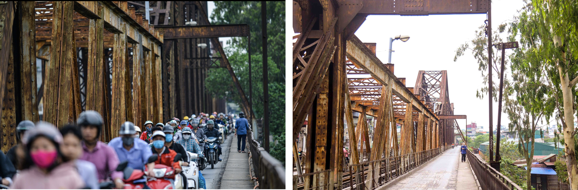 A sharp decrease in the number of commuters on Long Bien Bridge in Hanoi, Vietnam is observed before (left) and during (right) the COVID-19 epidemic. Photos: Hoang Dong - Danh Trong / Tuoi Tre