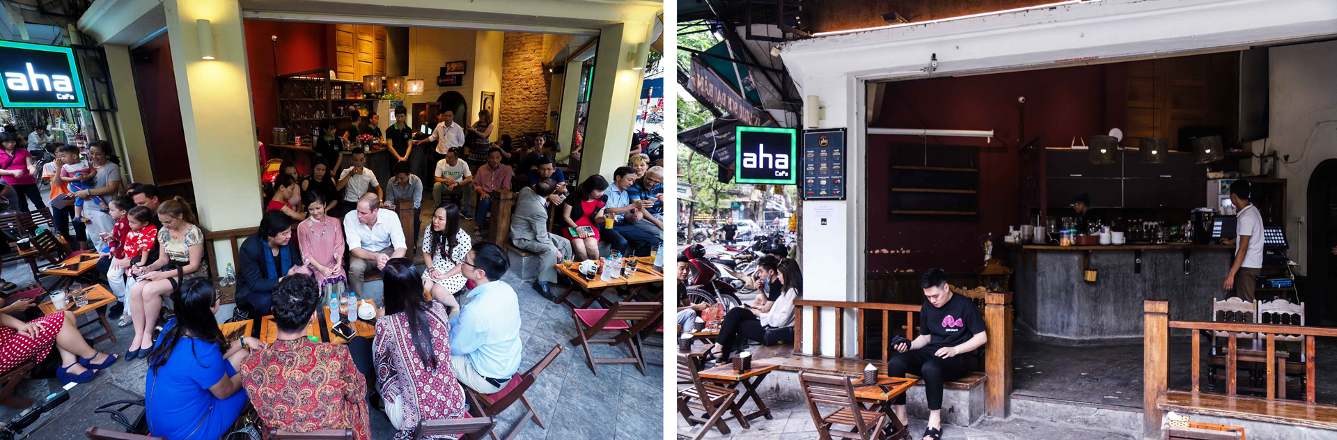 A coffee shop on Thuoc Bac Street in Hanoi, Vietnam where Prince William, Duke of Cambridge, previously visited during his Vietnam visit in 2016 (left) is nearly empty of customers (right) during the COVID-19 epidemic. Photo: Nguyen Khanh - Danh Trong / Tuoi Tre