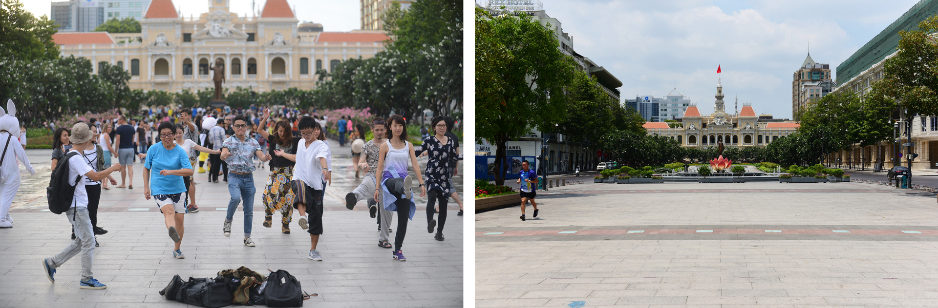 Nguyen Hue Walking Street in Ho Chi Minh City, Vietnam is crowded on a regular weekend (left) and nearly empty on March 22, 2020 (right). Photos: Truc Phuong / Tuoi Tre