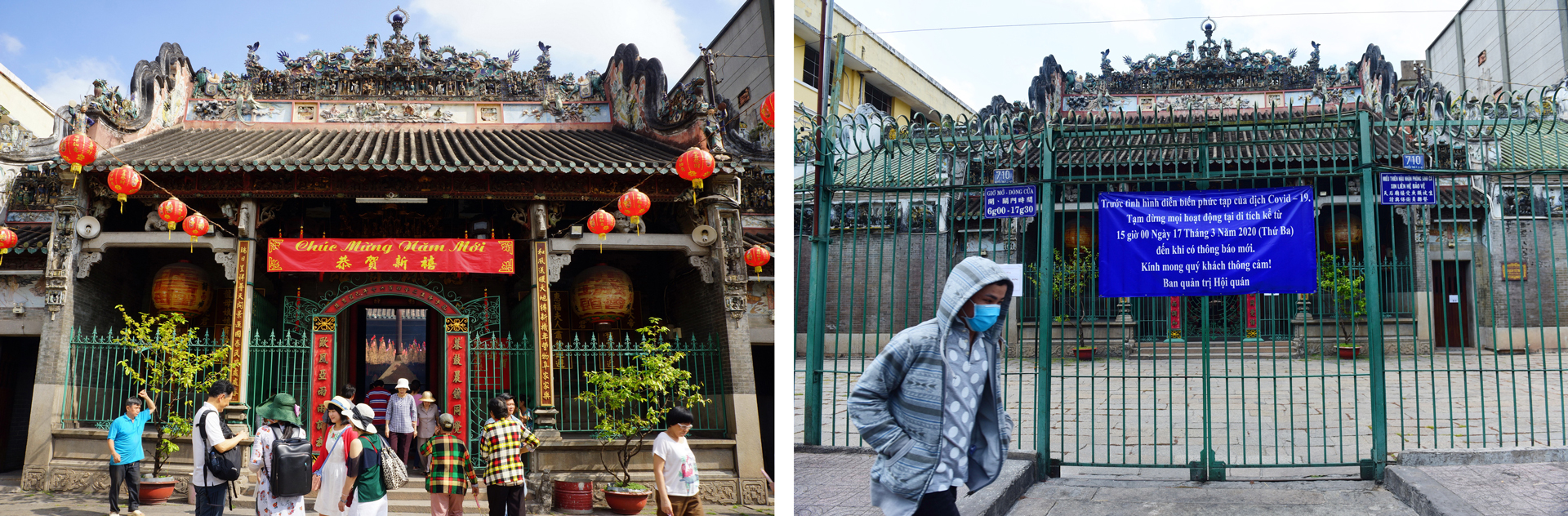 Ba Thien Hau Temple in Ho Chi Minh City, Vietnam before (left) and after (right) it stopped receiving visitors from March 17, 2020 due to the COVID-19 epidemic. Photos: Nguyen Cong Thanh - Truc Phuong / Tuoi Tre