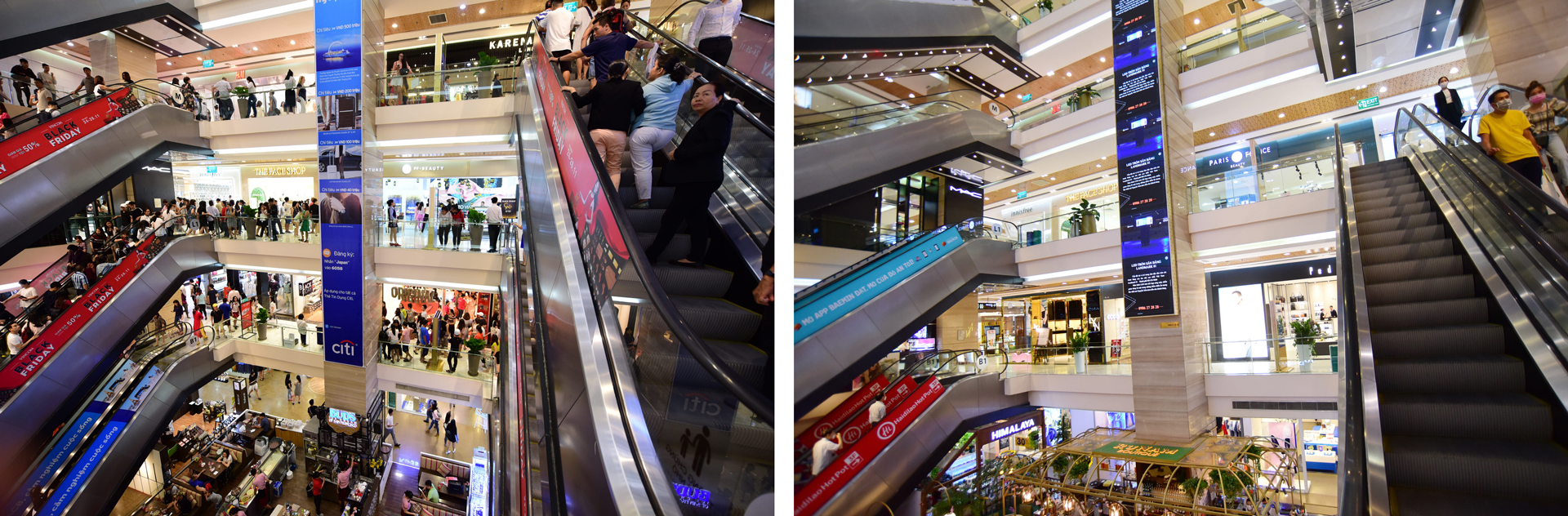 Vincom Shopping Center in District 1, Ho Chi Minh City, Vietnam before (left) and during (right) the COVID-19 epidemic. Photos: Truc Phuong / Tuoi Tre