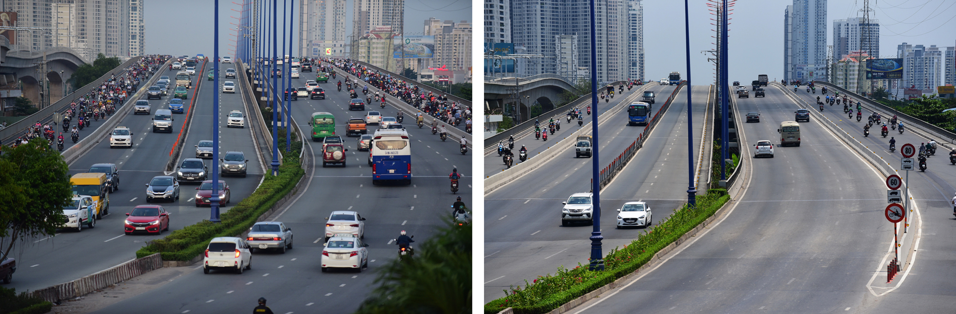 Fewer vehicles (right) are seen on Saigon Bridge, which connects Binh Thanh District and District 2 in Ho Chi Minh City, Vietnam, during the COVID-19 epidemic compared to before (left). Photos: Truc Phuong / Tuoi Tre