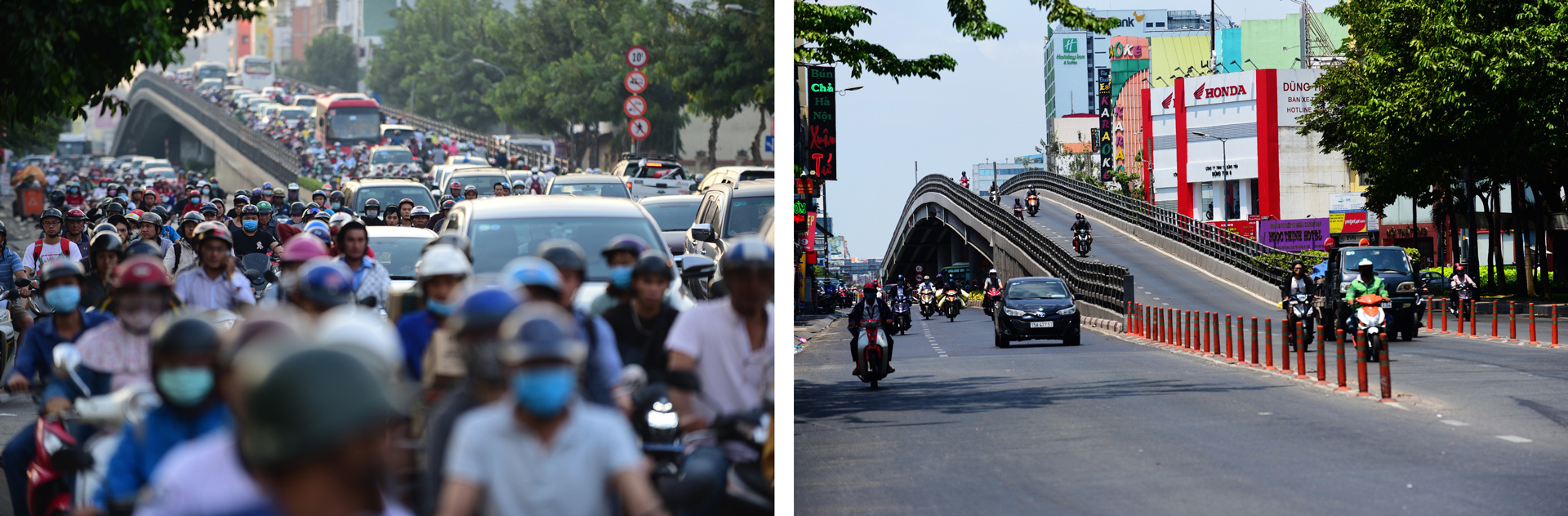 Traffic congestion (left) that was common at the Lang Cha Ca Intersection in Tan Binh District, Ho Chi Minh City, Vietnam is no longer an issue during the COVID-19 epidemic (right). Photos: Truc Phuong / Tuoi Tre