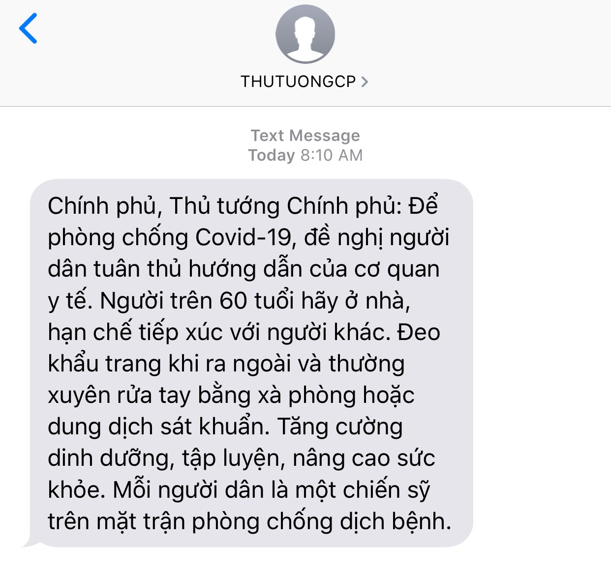 A screenshot shows the message of COVID-19 from the Vietnamese Prime Minister to a citizen