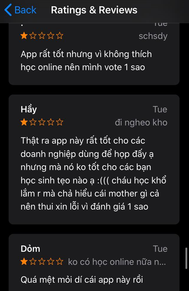 One-star ratings are seen in the reviews section of the Zoom Cloud Meetings application on the App Store. Photo: Trong Nhan / Tuoi Tre