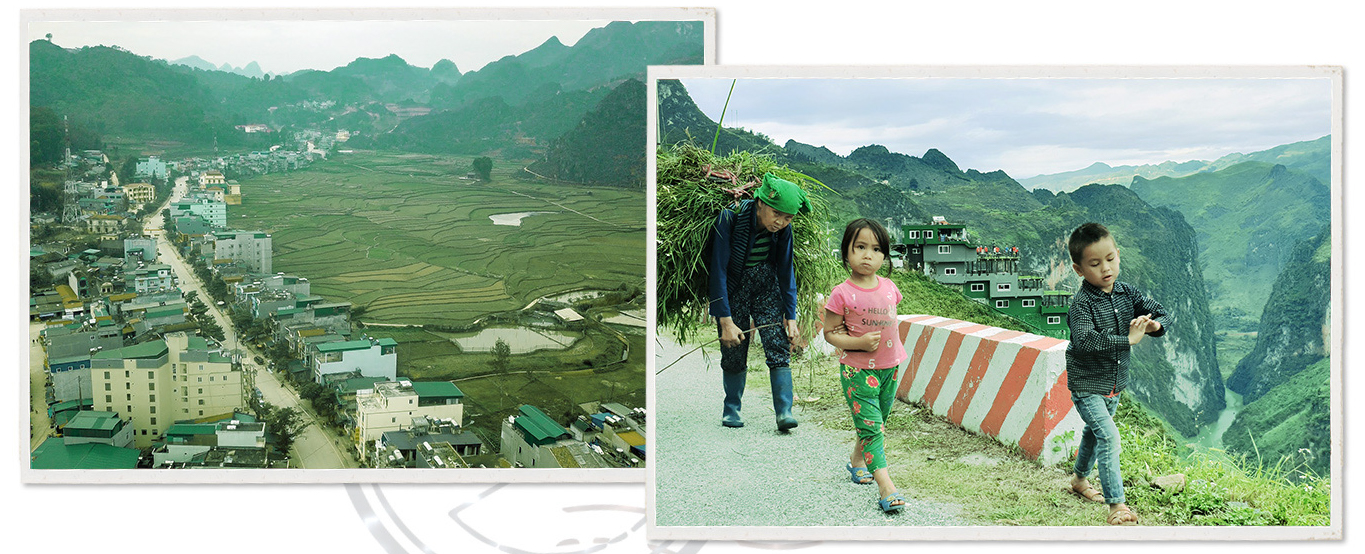 Present-day Dong Van District (left) and local people on the Ma Pi Leng Pass (right) in Ha Giang Province, Vietnam.