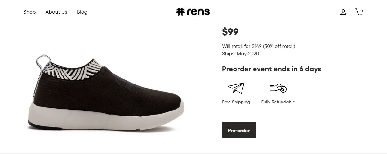 A screenshot shows a model of shoe on Rens Original's website