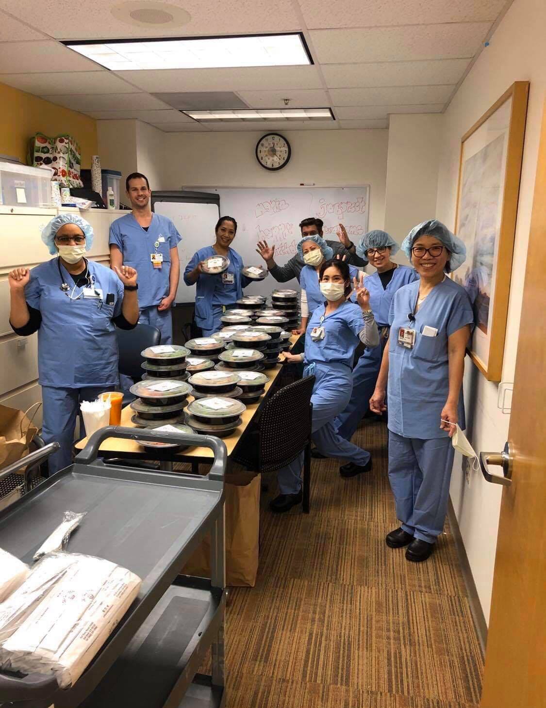 Medical staff of Kaiser Hospital are seen in a photo with Vietnamese lunch boxes on April 2, 2020.