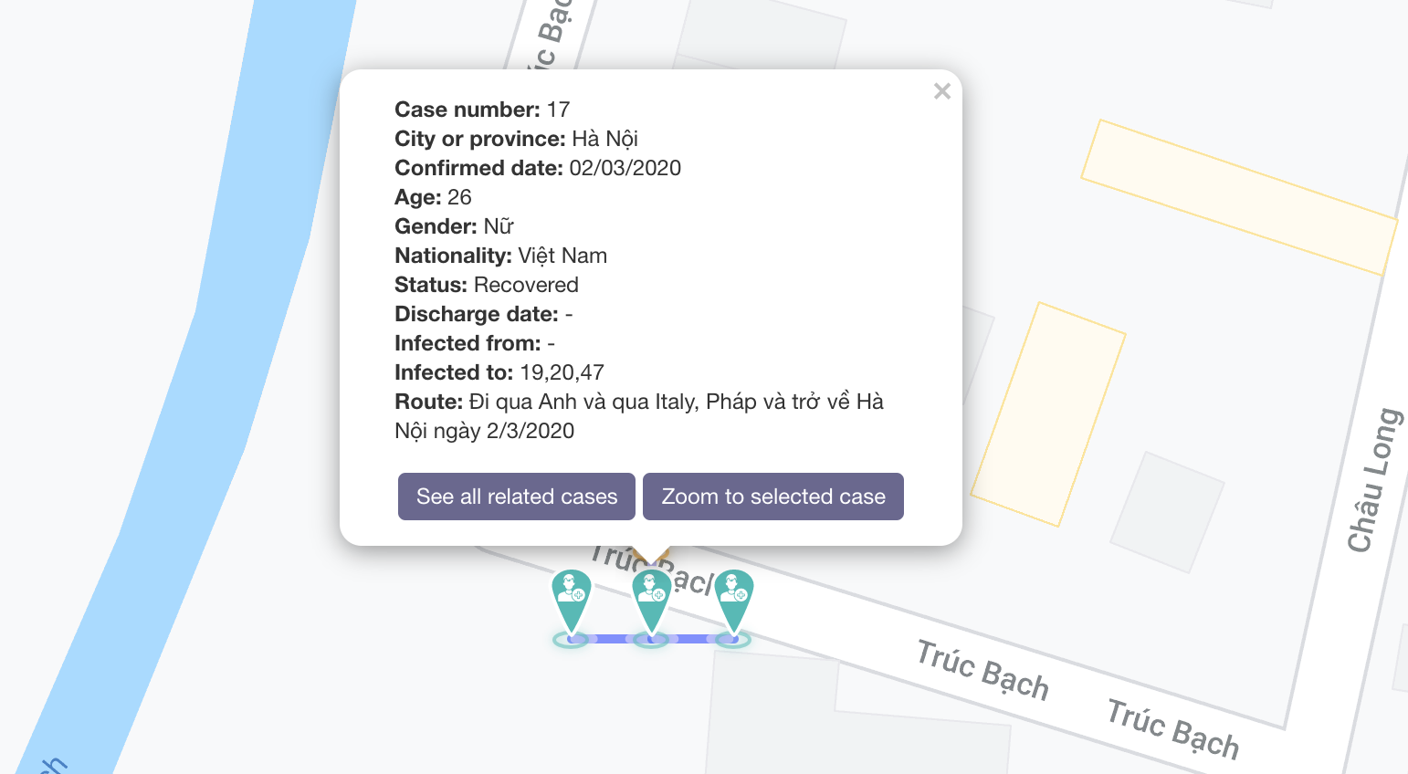 The vietnamcovid19.info live map allows users to look up information on a confirmed patient, including how they are linked to other cases.