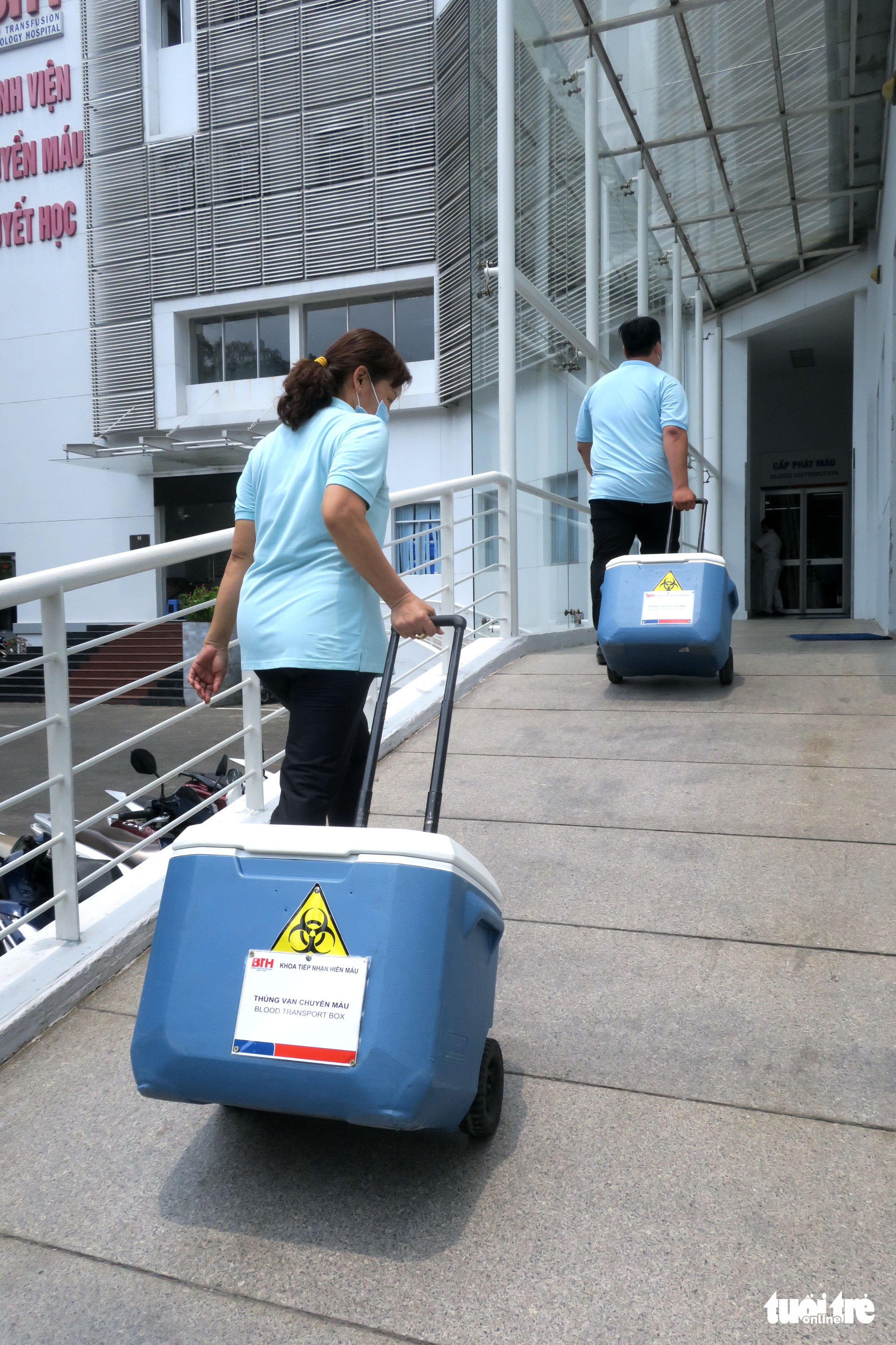 Employees of the Ho Chi Minh City Hospital of Blood Transfusion and Hematology carry blood transport boxes. Photo: T.T.D. / Tuoi Tre