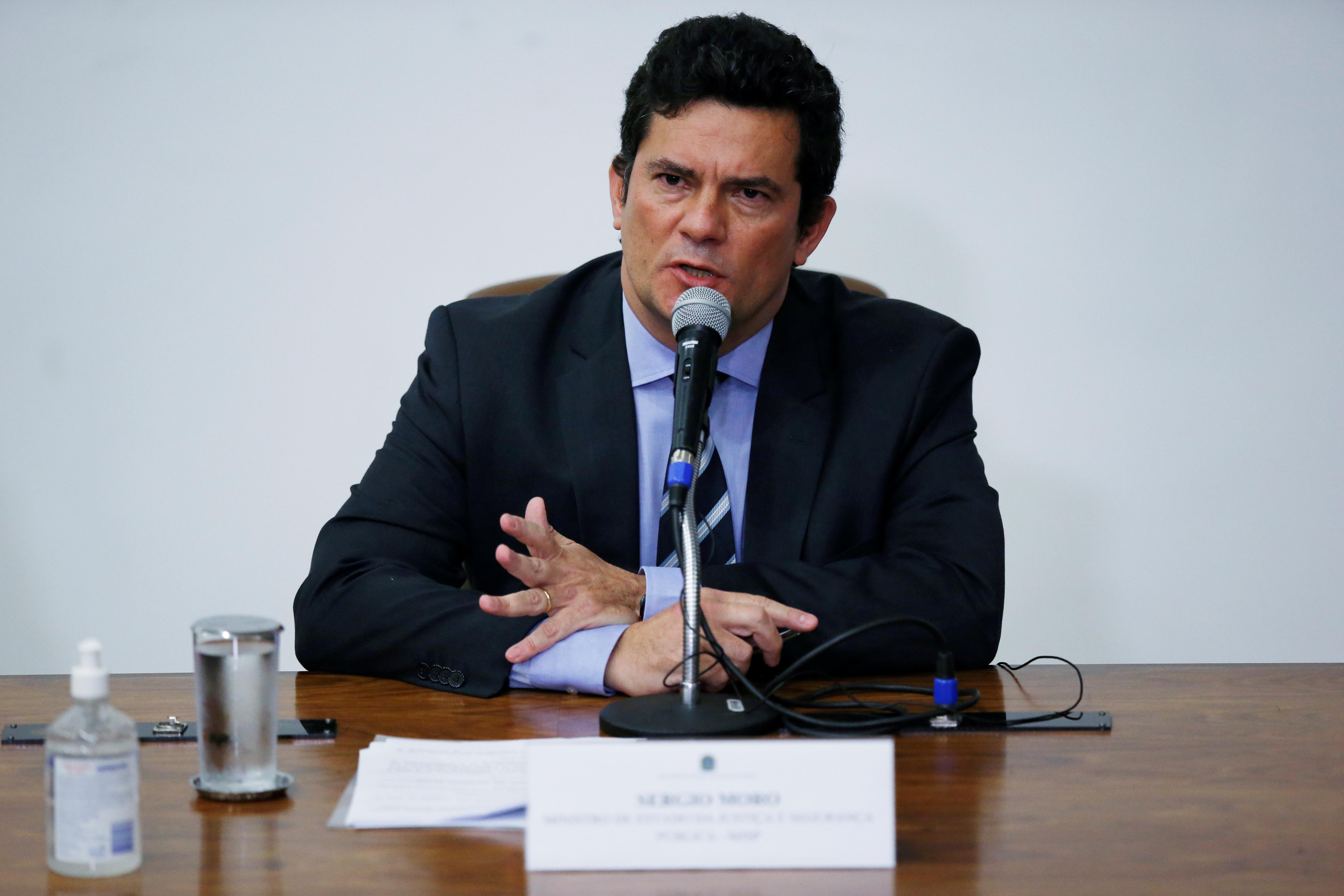 Brazil's Justice Minister Sergio Moro speaks during a news conference, amid the coronavirus disease (COVID-19) outbreak in Brasilia, Brazil April 24, 2020. Photo: Reuters