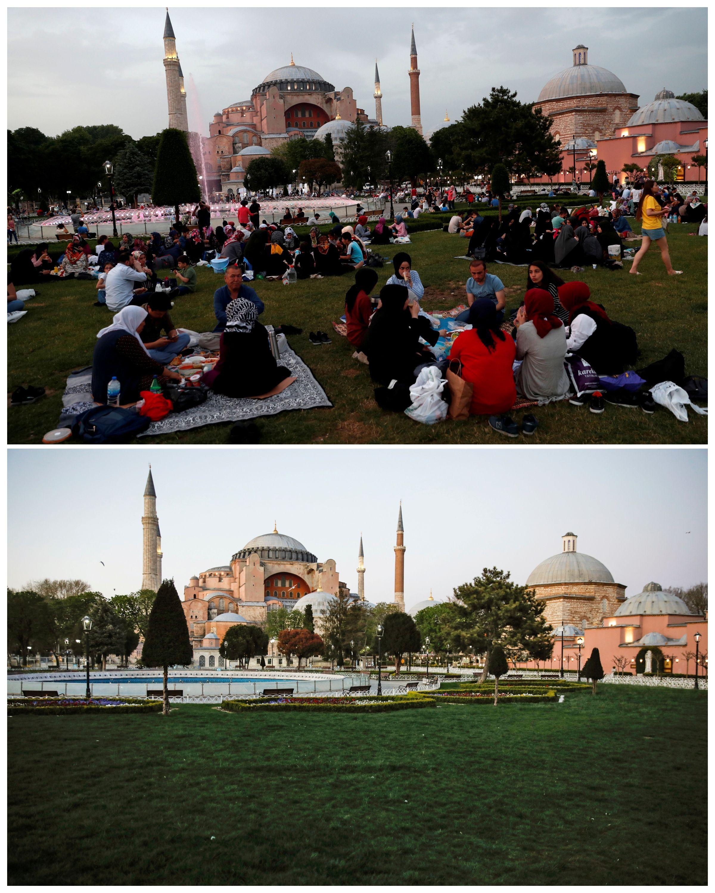 A combination picture shows people having their iftar 'break fasting meal' at Sultanahmet Square during the holy month of Ramadan in Istanbul, Turkey, May 28, 2019 (top) and a general view of the deserted Sultanahmet Square on the first day of Ramadan, during a four-day curfew which was imposed to prevent the spread of the coronavirus disease (COVID-19),  April 24, 2020 (bottom). Photo: Reuters