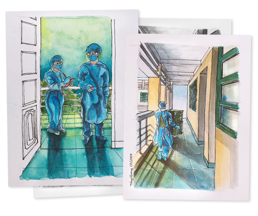 Watercolor paintings by Nguyen Tang Quang depicting life inside a COVID-19 quarantine facility in Vietnam