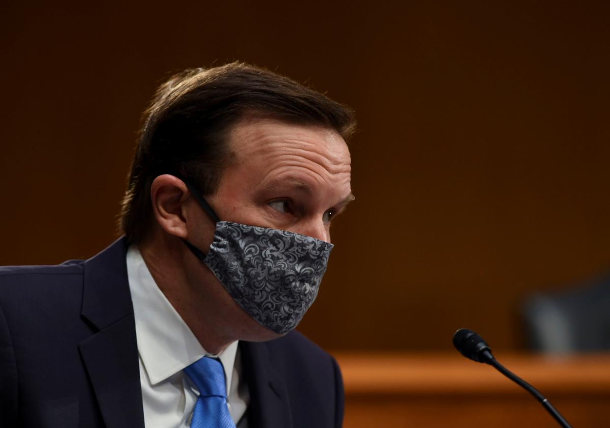 U.S. Senator Chris Murphy (D-CT) listens to testimony during the Senate Committee for Health, Education, Labor, and Pensions hearing on the coronavirus disease (COVID-19), in Washington, U.S., May 12, 2020. Photo: Reuters