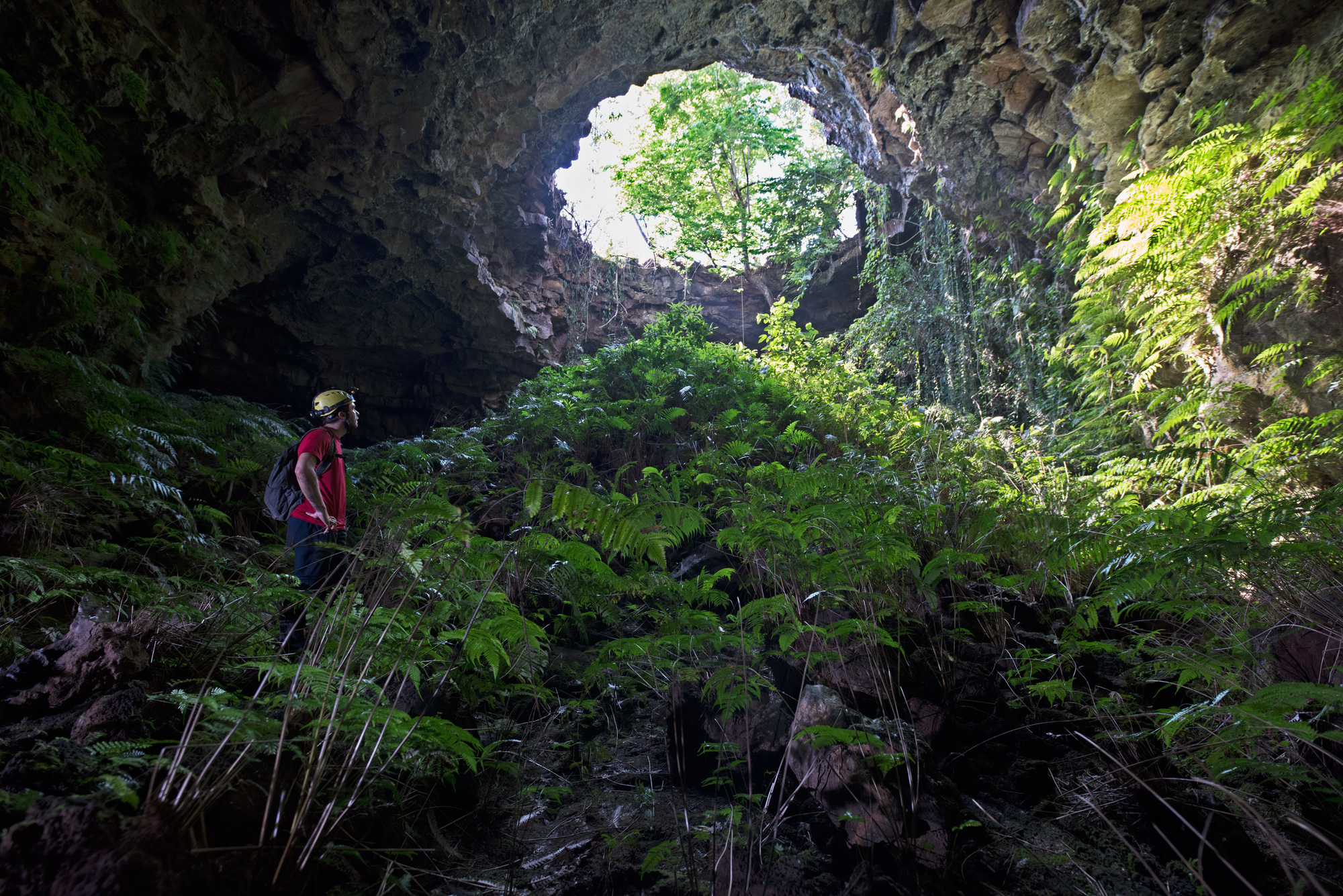 A man looks toward an opening of cave C7 in the Dak Nong Global Geopark's volcanic cave system. Photo: Takeshi Murase