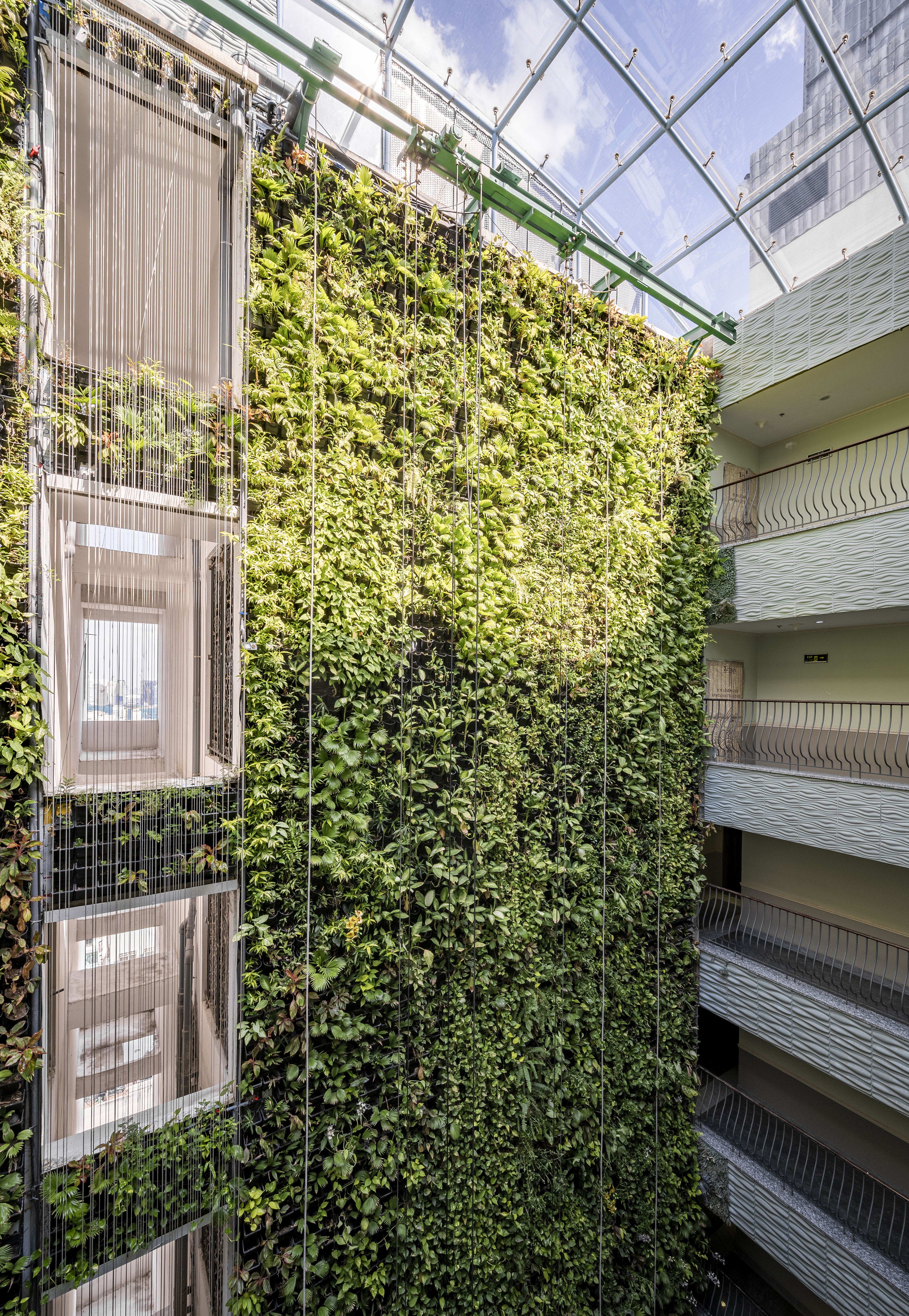 A blooming hanging garden covering over 1,000 sqm full of natural wind and sunlight inside the building