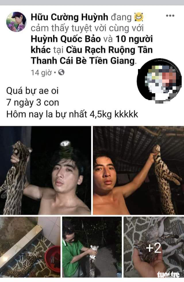 A screenshot captures a Facebook post on August 23, 2020 by the account 'Huu Cuong Huynh' boasting about killing animals that look like wildcats.
