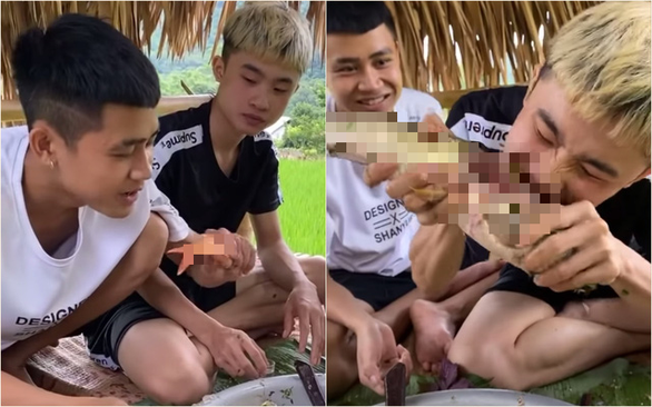This screenshot shows a man eating an entire live fish in a video uploaded on the ‘DOC LA SAPA’ YouTube channel.