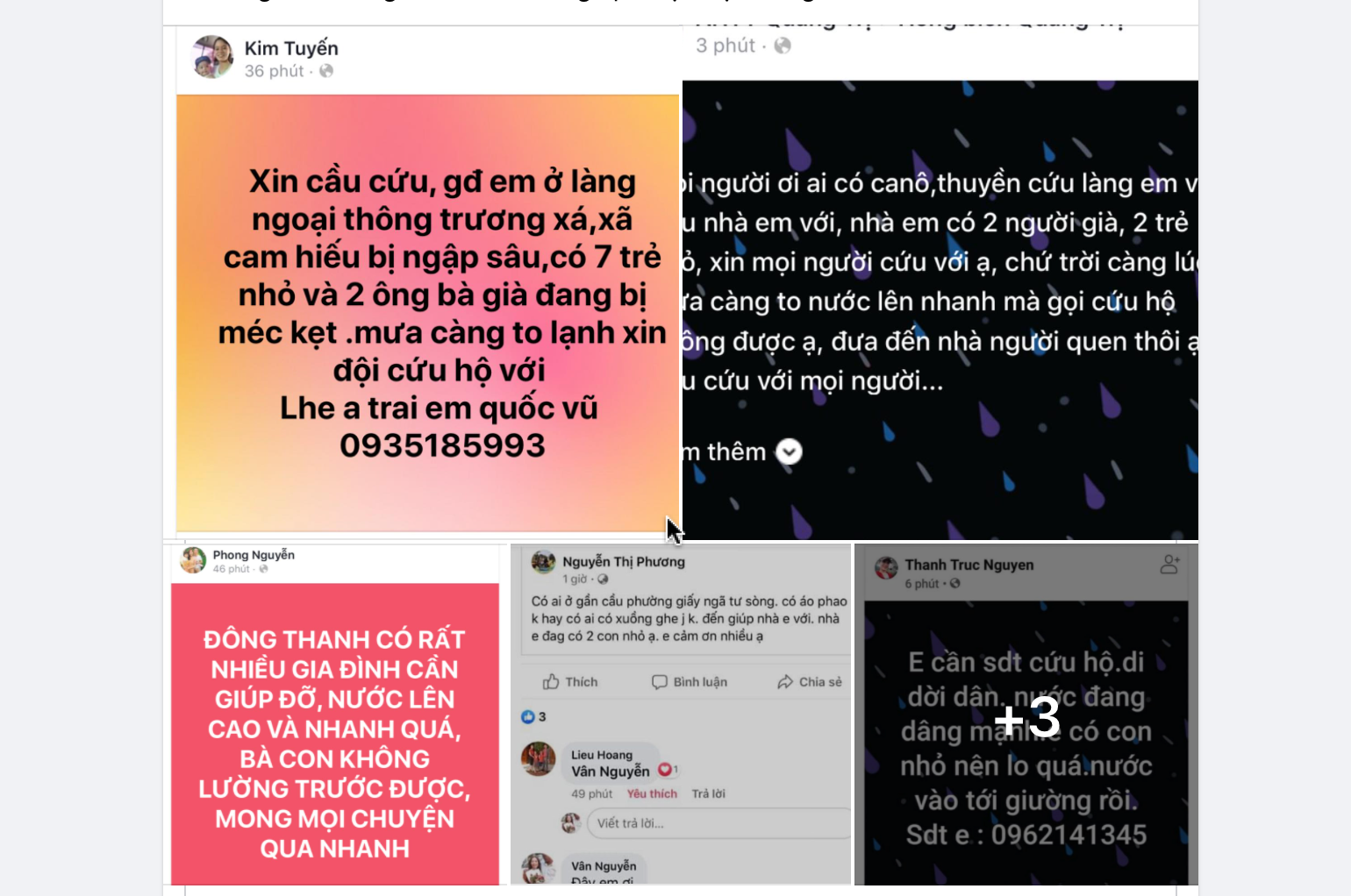 Screenshots of Facebook statuses posted by residents in flood-hit areas in Quang Tri Province, Vietnam, October 17, 2020