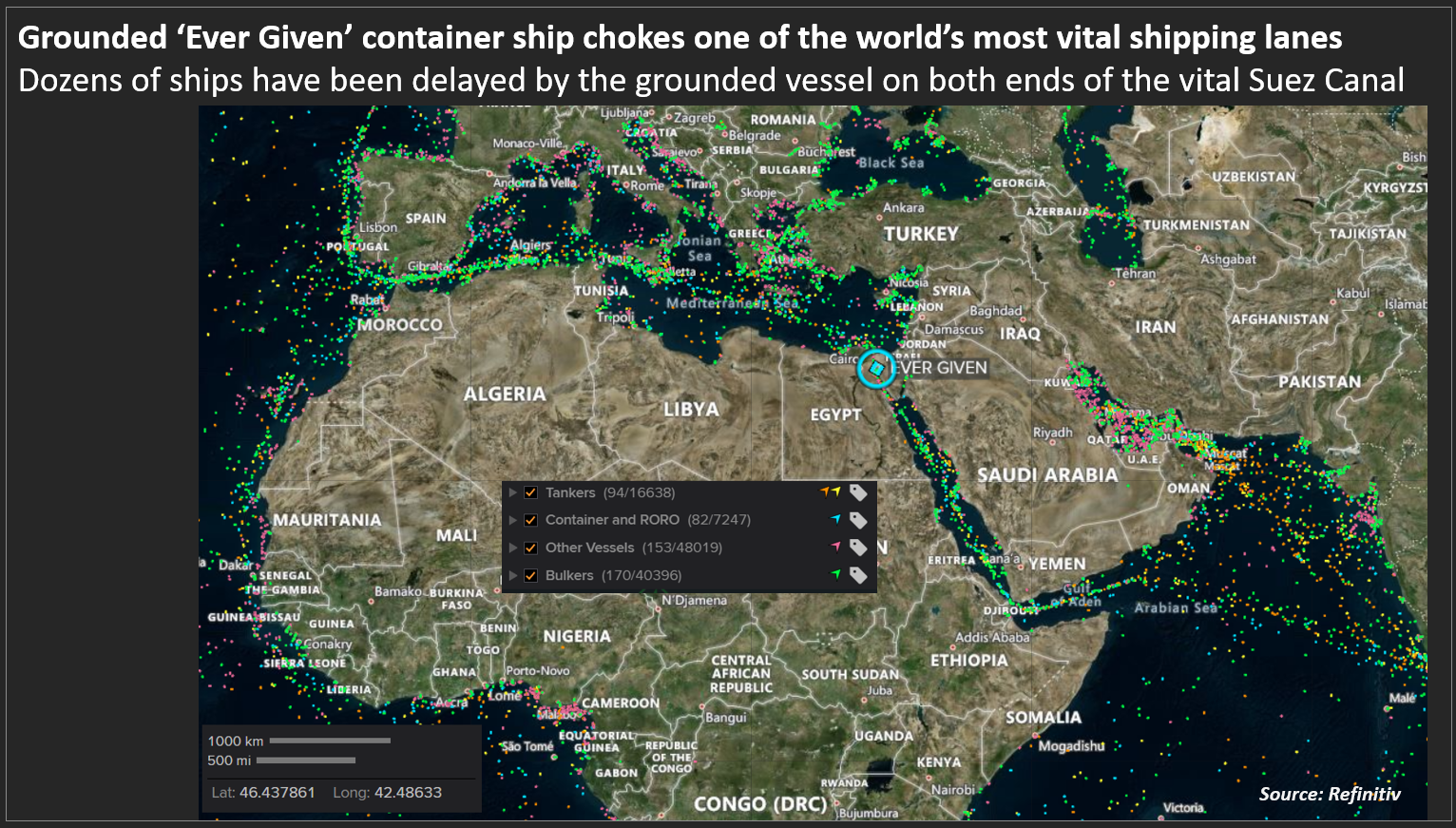 Grounded ‘Ever Given’ container ship chokes one of the world’s most vital shipping lanes. Graphic: Reuters