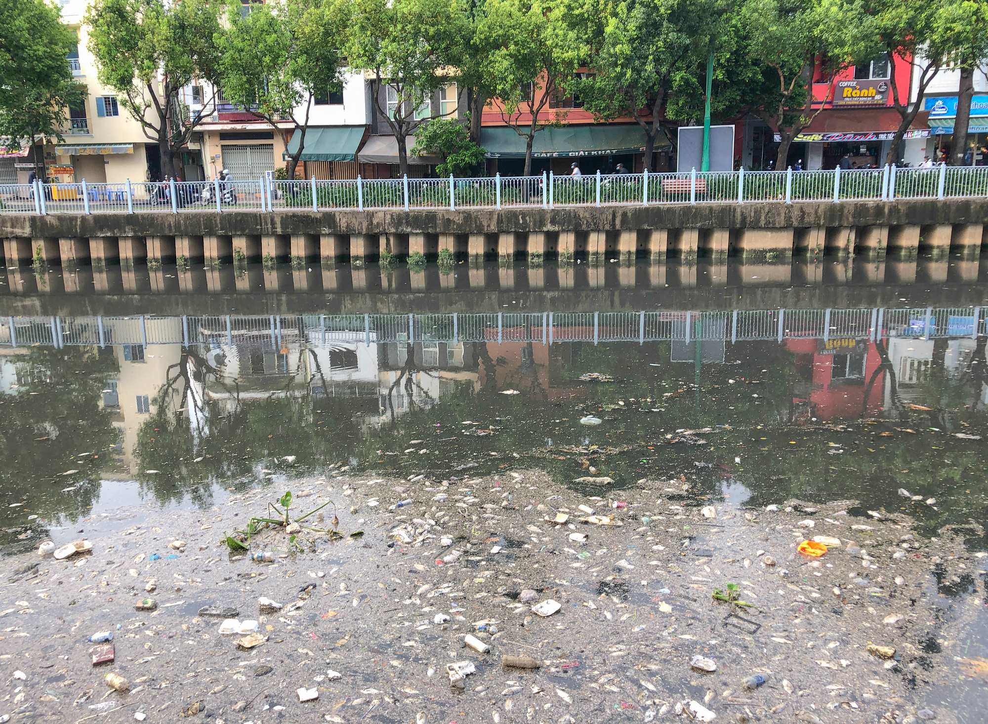 The mass fish death is exacerbated by garbage along Nhieu Loc - Thi Nghe Canal in Ho Chi Minh City, April 4, 2021. Photo: Chau Tuan / Tuoi Tre