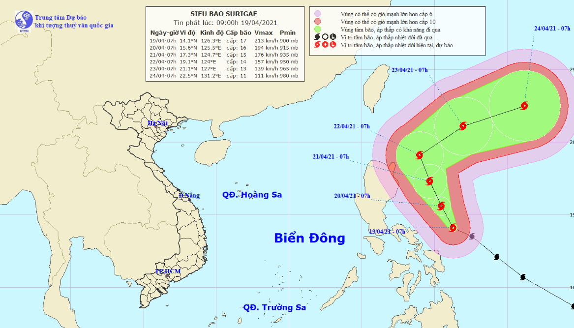 A map detailing the route of Super Typhoon Surigae from April 19 to 24, 2021. Photo: National Center for Hydro-meteorically Forecasting