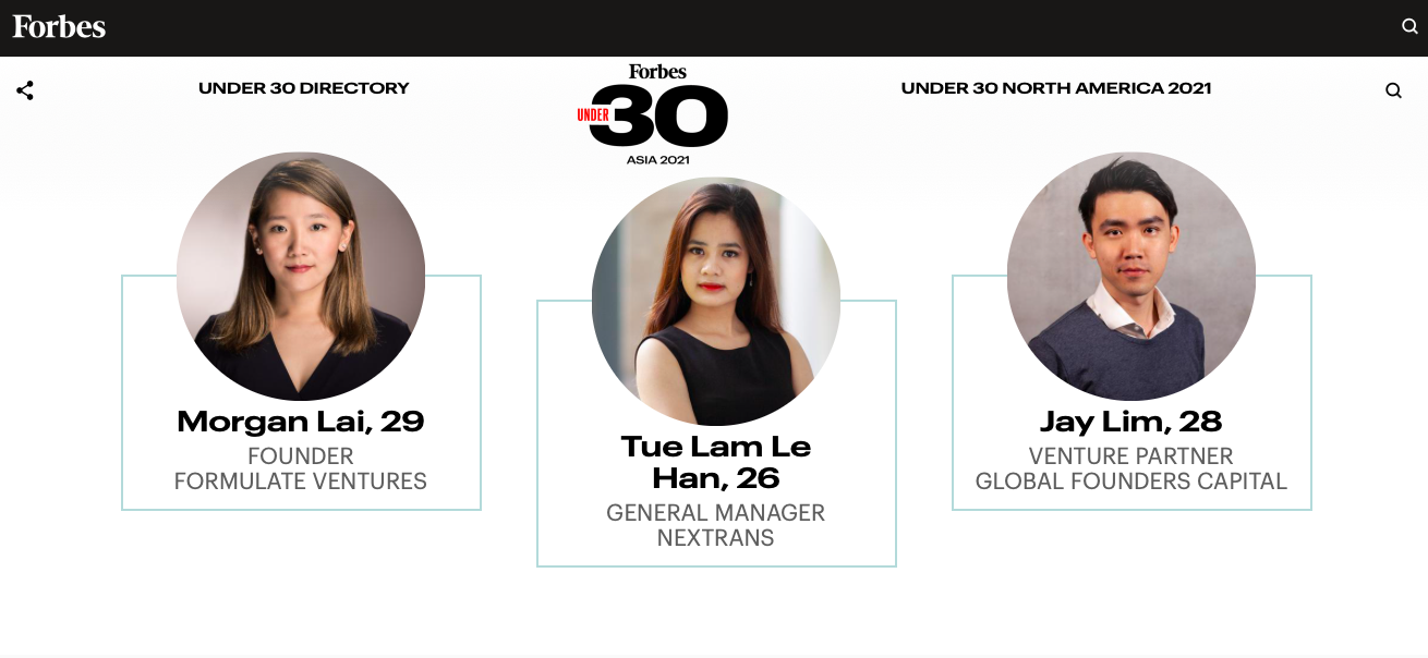 This screenshot shows Vietnamese general manager Le Han Tue Lam honored in the 2021 Forbes 30 Under 30 Asia list.
