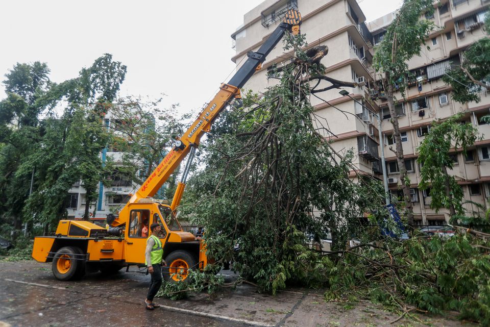 A crane lifts a fallen tree after strong winds caused by Cyclone Tauktae, in Mumbai, India, May 18, 2021. Photo: Reuters