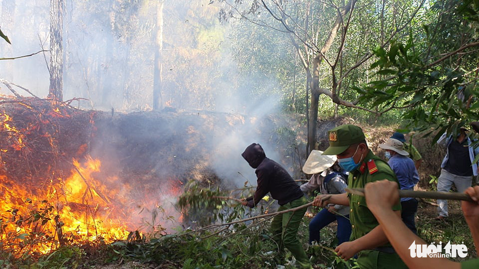 People use tree branches to put out a forest fire in Huong Thuy Town, Thua Thien-Hue Province, Vietnam, June 28, 2021. Photo: Phuoc Tuan / Tuoi Tre