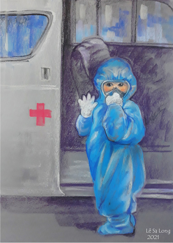 A sketch by Le Sa Long depicts a 5-year-old in PPE overall waving goodbye before boarding an emergency car to enter quarantine.