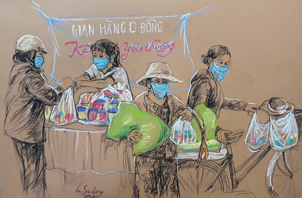 A sketch by Le Sa Long depicting a no-cost grocery store distributing complimentary items to people in need in Ho Chi Minh City, Vietnam.