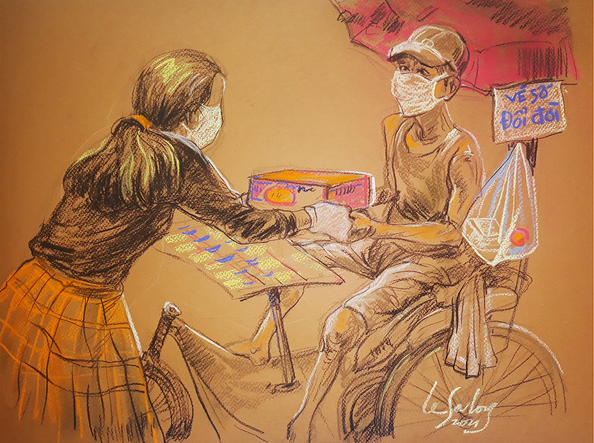 A sketch by Le Sa Long shows a lottery seller receiving a box of instant ramen from a woman.