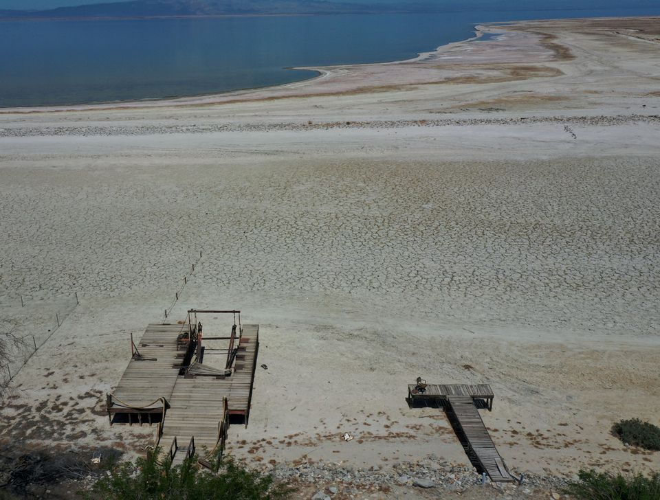 An aerial view shows former docks on a Salton Sea’s beach, with the water much further away, as California faces its worst drought since 1977, in Salton City, California, U.S., July 4, 2021. Photo: Reuters