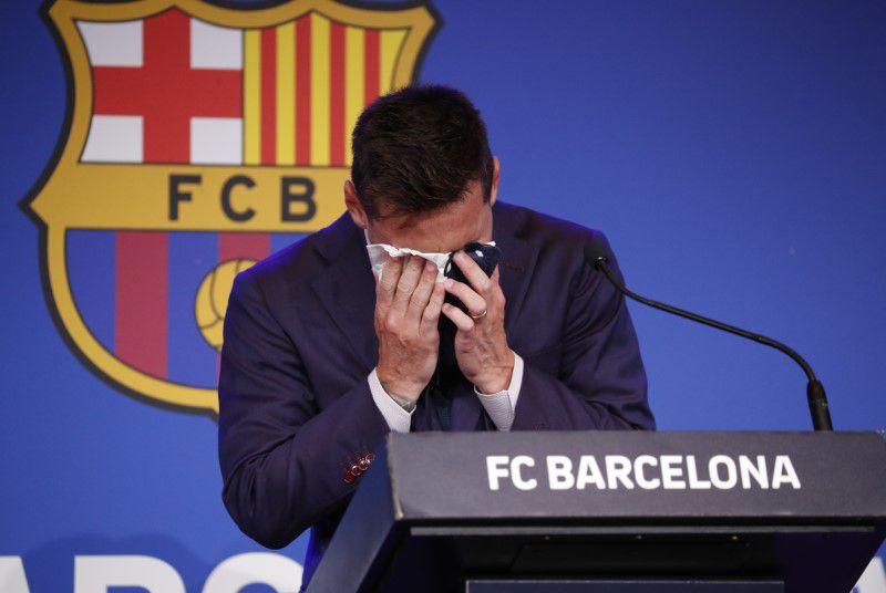 Soccer Football - Lionel Messi holds an FC Barcelona press conference - 1899 Auditorium, Camp Nou, Barcelona, Spain - August 8, 2021 Lionel Messi during the press conference. Photo: Reuters