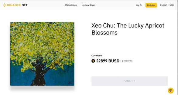 This screenshot shows Xeo Chu’s NFT artwork ‘The Lucky Apricot Blossom’ sold at BUSD22,899 on Binance.