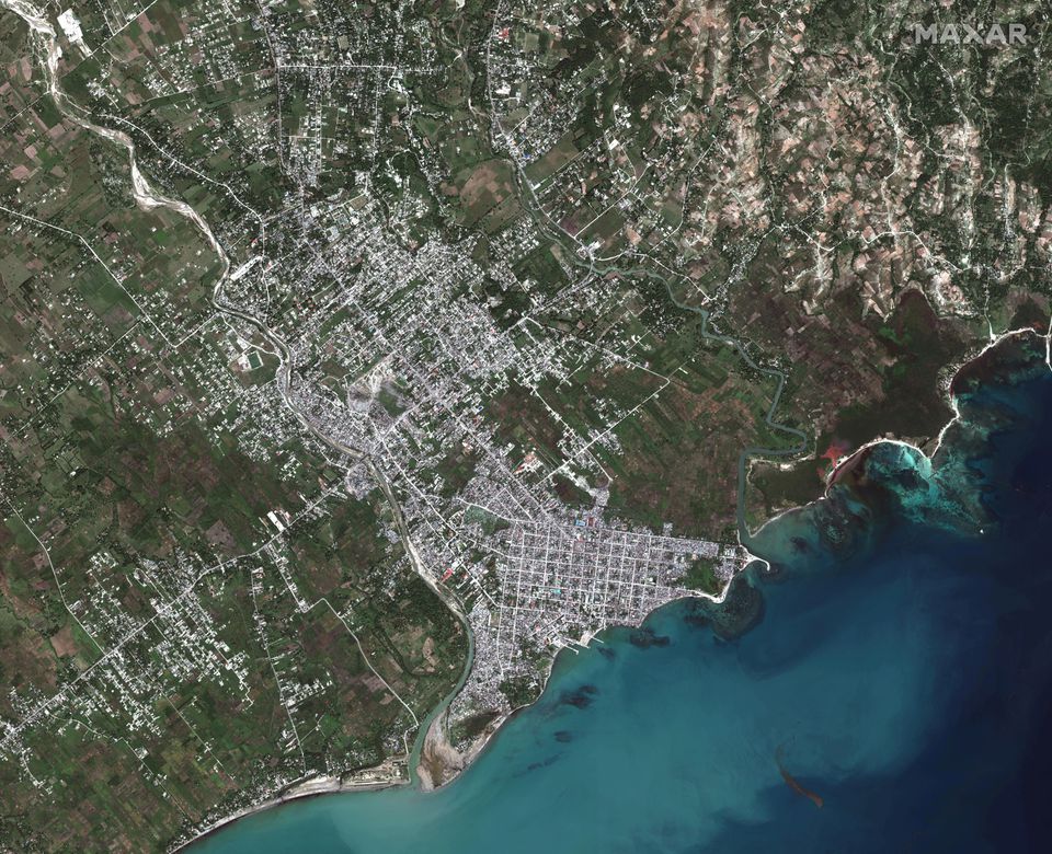 A satellite image shows an overview of the commune of Les Cayes, after a 7.2 magnitude earthquake struck Haiti, August 15, 2021. SATELLITE IMAGE 2021 MAXAR TECHNOLOGIES/Handout via Reuters