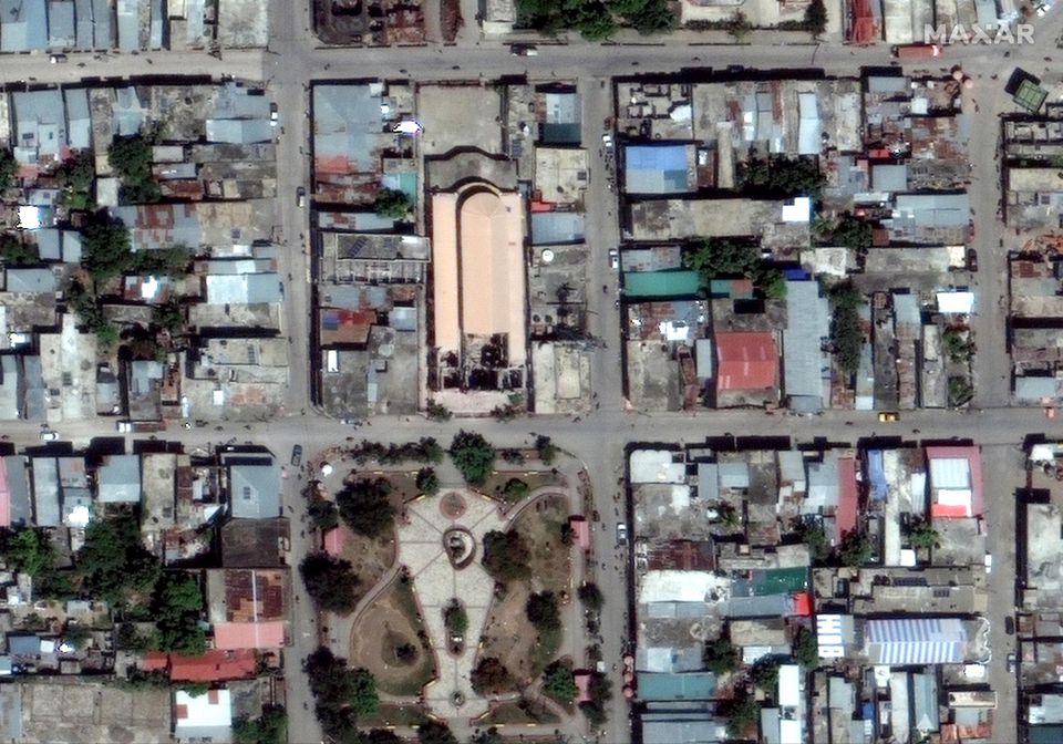 A satellite image shows the damaged St. Louis Cathedral in Jeremie, after a 7.2 magnitude earthquake struck Haiti, August 15, 2021. SATELLITE IMAGE 2021 MAXAR TECHNOLOGIES/Handout via Reuters