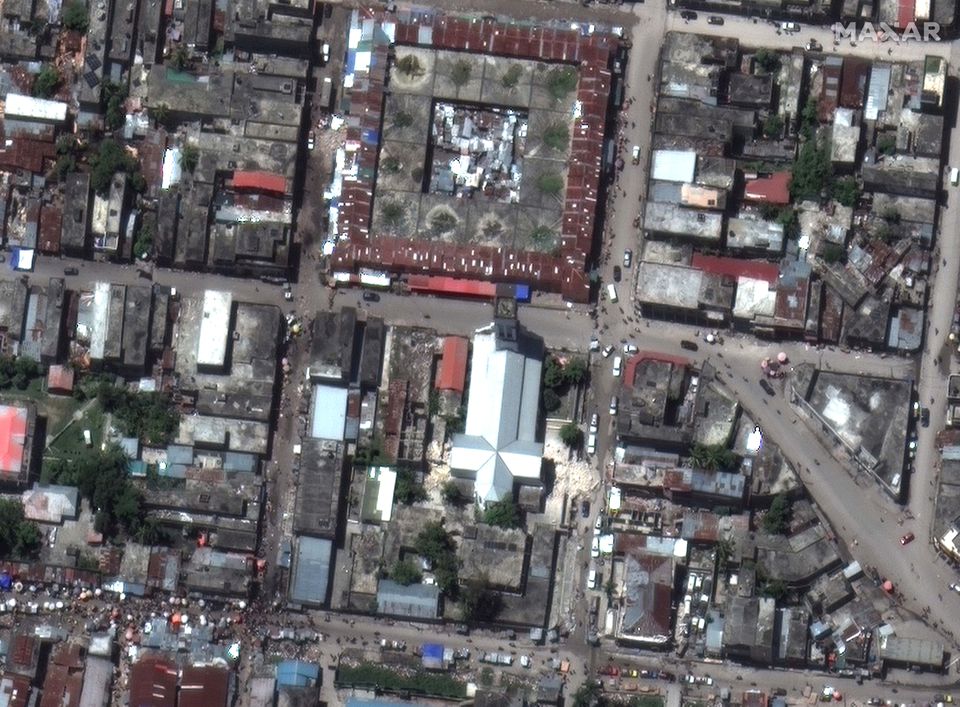 A satellite image shows the damaged Sacre Coeur des Cayes church in Les Cayes, after a 7.2 magnitude earthquake struck Haiti, August 15, 2021. SATELLITE IMAGE 2021 MAXAR TECHNOLOGIES/Handout via Reuters