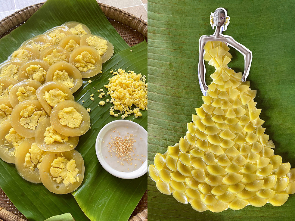 To construct a stunning and unique golden princess costume, Nguyen Minh Cong cuts ‘banh beo' into each little piece of the triangle and stacks them on top of each other to make it appear like fish fins with a base of mung beans below.