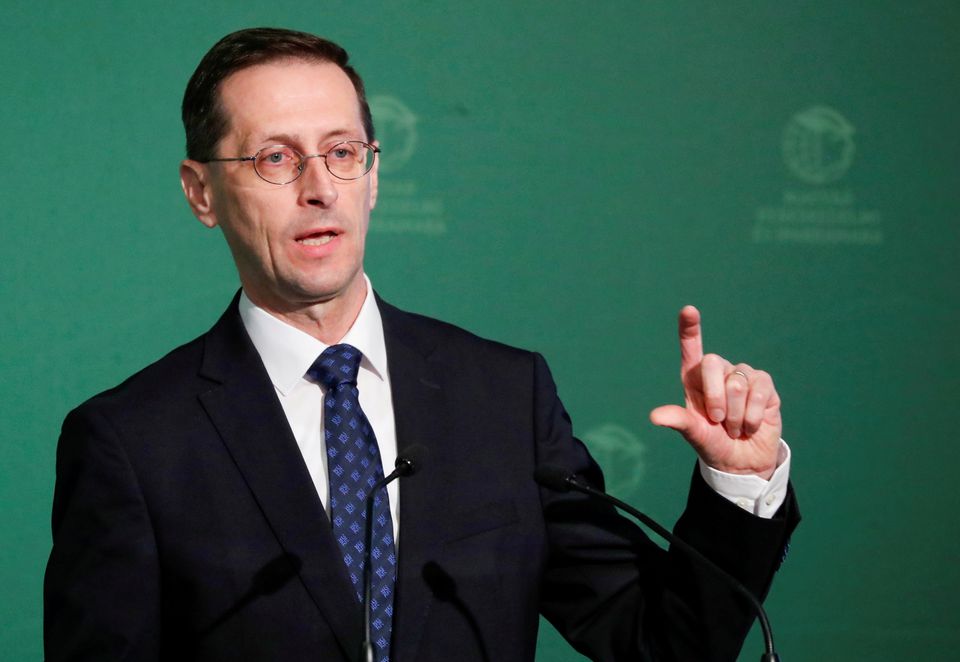 Hungarian Finance Minister Mihaly Varga speaks to a business conference in Budapest, Hungary, March 10, 2020. Photo: Reuters