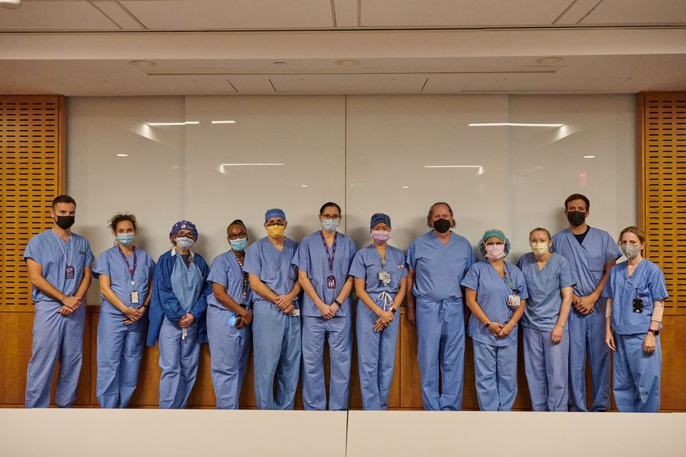 Members of the xenotransplant surgical team at NYU Langone Health pose for a photo in New York, U.S., in this undated handout photo. Photo: Joe Carrotta for NYU Langone Health/Handout via Reuters