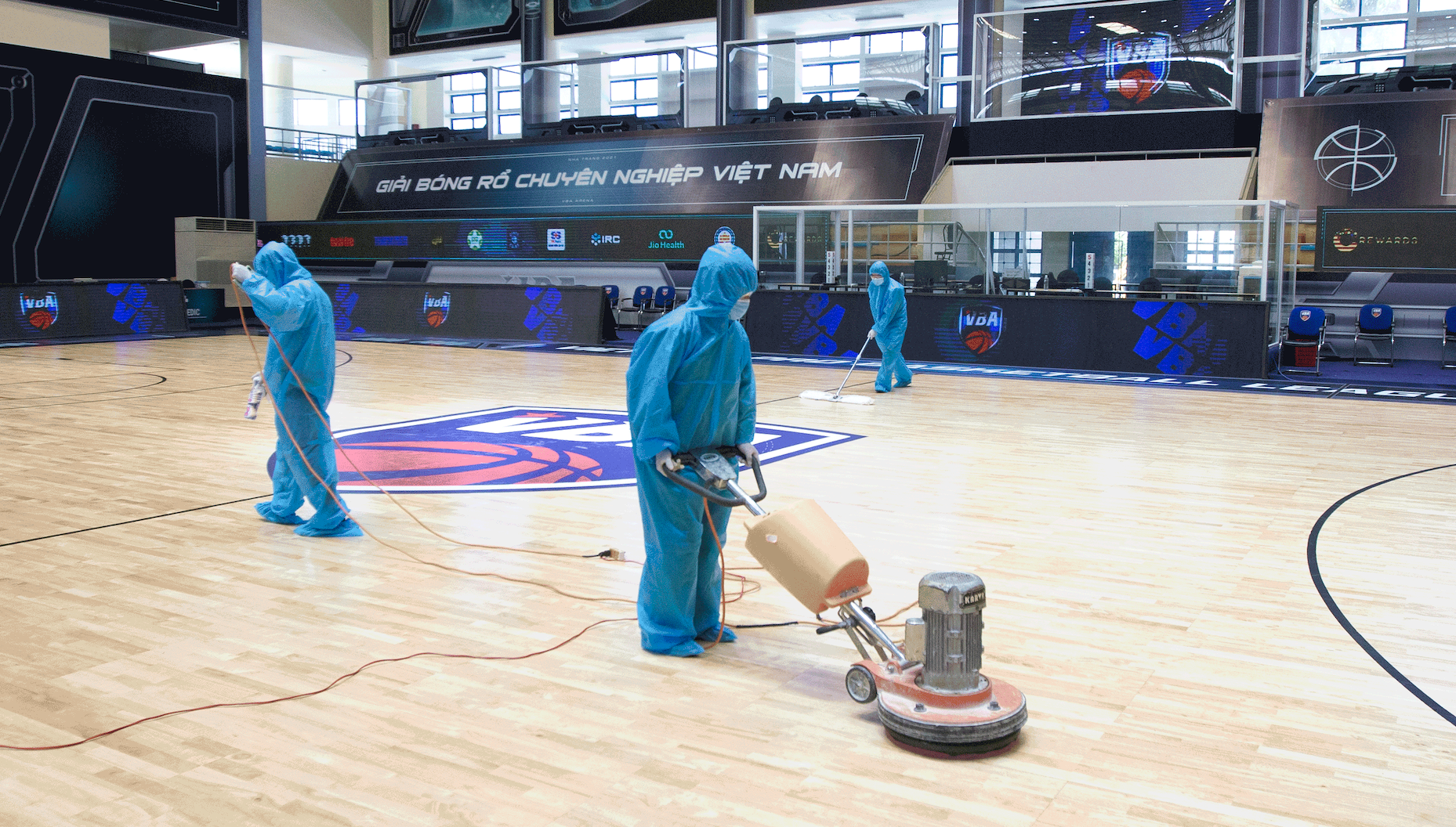 The gymnasium where the VBA Premier Bubble Games takes place is regularly disinfected. Photo: VBA