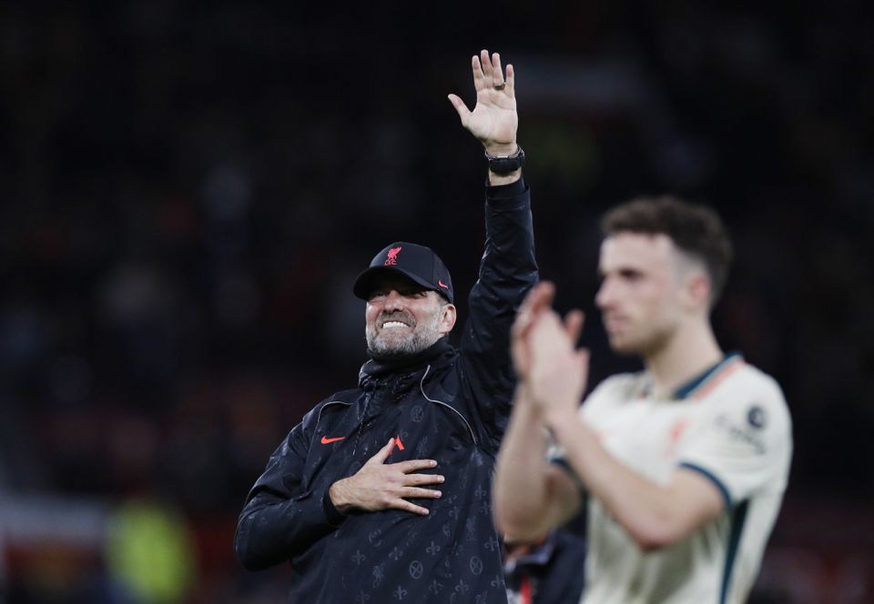 Soccer Football - Premier League - Manchester United v Liverpool - Old Trafford, Manchester, Britain - October 24, 2021 Liverpool manager Juergen Klopp celebrates after the match. Photo: Reuters