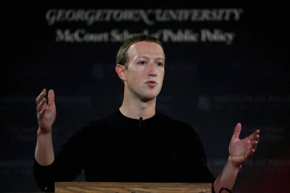 Facebook Chairman and CEO Mark Zuckerberg addresses the audience on 'the challenges of protecting free speech while combating hate speech online, fighting misinformation, and political data privacy and security,' at a forum hosted by Georgetown University's Institute of Politics and Public Service (GU Politics) and the McCourt School of Public Policy in Washington, U.S., October 17, 2019. Photo: Reuters