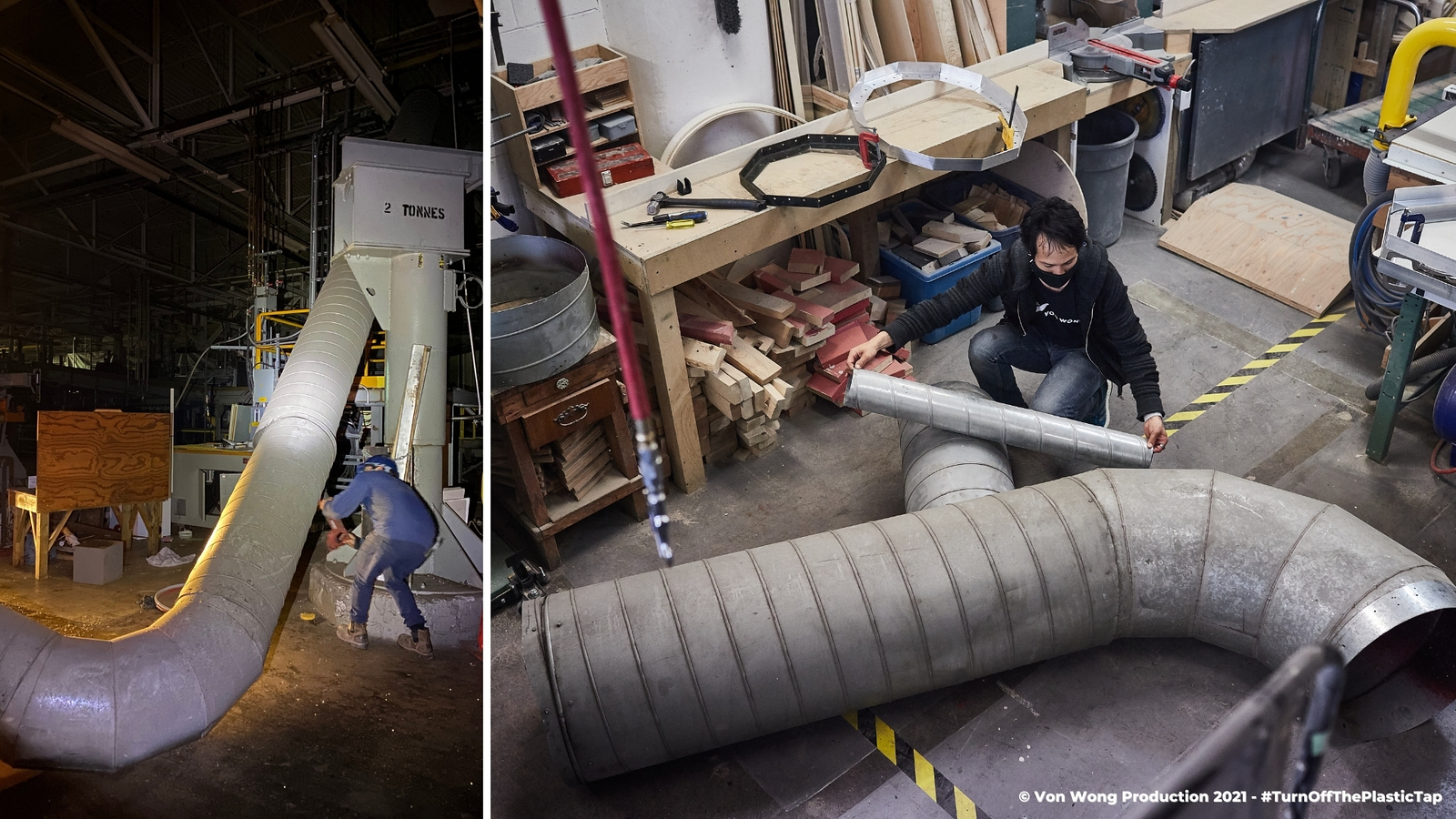 A collage of photos shows Benjamin Von Wong (pic on the right) working with used ventilation ducts to create the “faucet” part for his ‘Turn off The Plastic Tap’ project. Photo courtesy of Von Wong.