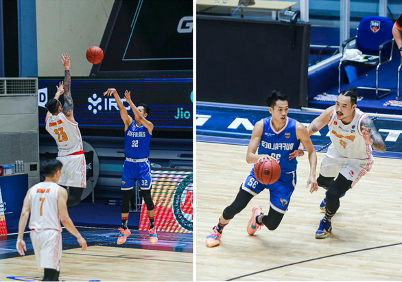 This collage shows Tam Dinh (white jersey) and Sang Dinh’s head-to-head battle in Game 12 of the VBA Premier Bubble Games - Brought to you by NovaWorld Phan Thiet. Photo: VBA