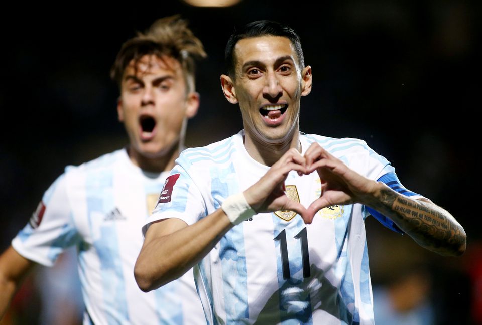 Soccer Football - World Cup - South American Qualifiers - Uruguay v Argentina - Estadio Campeon del Siglo, Montevideo, Uruguay - November 12, 2021 Argentina's Angel Di Maria celebrates scoring their first goal. Pool via Reuters