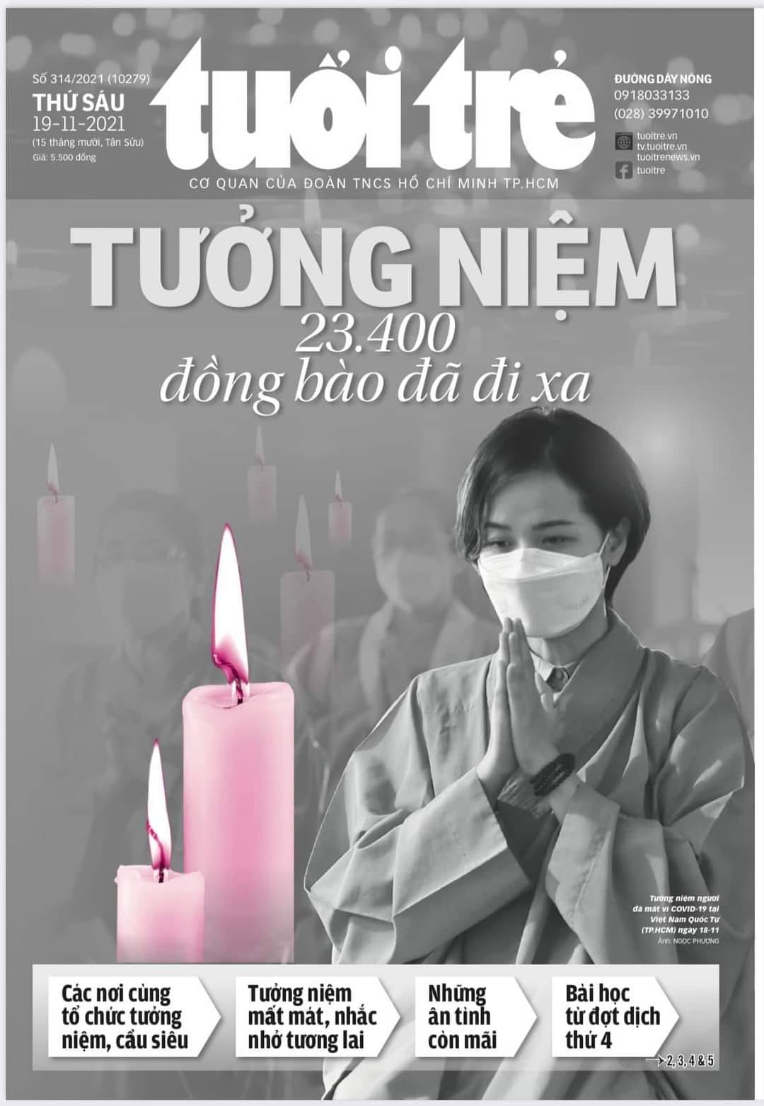 Tuoi Tre turns its November 19, 2021 cover black and white to mourn the deaths of over 23,000 COVID-19 victims in Vietnam.